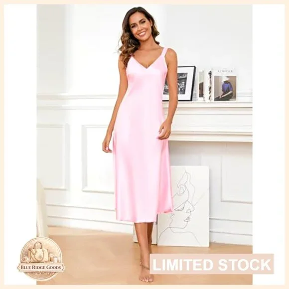 Long Satin Nightgown V Neck Sleeveless Chemise Sleepwear Loose Fit